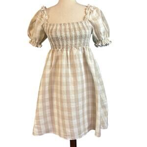 House of Harlow 1960 Tan Gingham Check Linen Smocked Short Sleeve Dress Medium